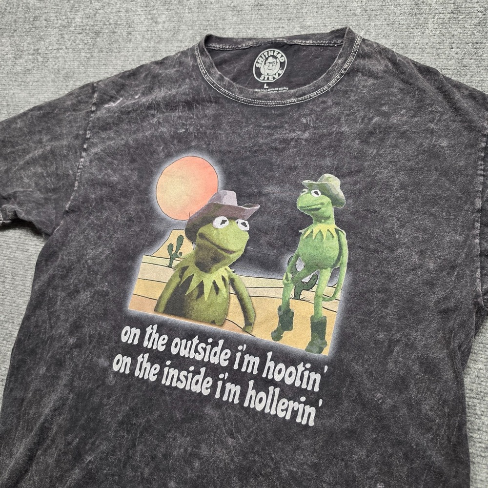 Shithead Steve Kermit Frog Cowboy Shirt Mens Large Acid Wash Charcoal Graphic Te